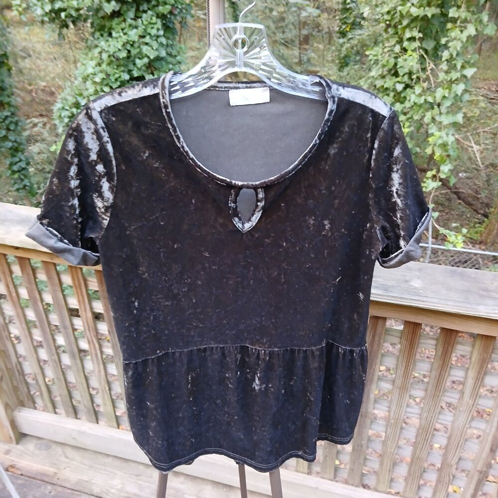 Grey Green Semi Crushed Velvet Baby Doll Round Neck Keyhole Peplum Tunic Sz S - Picture 3 of 7